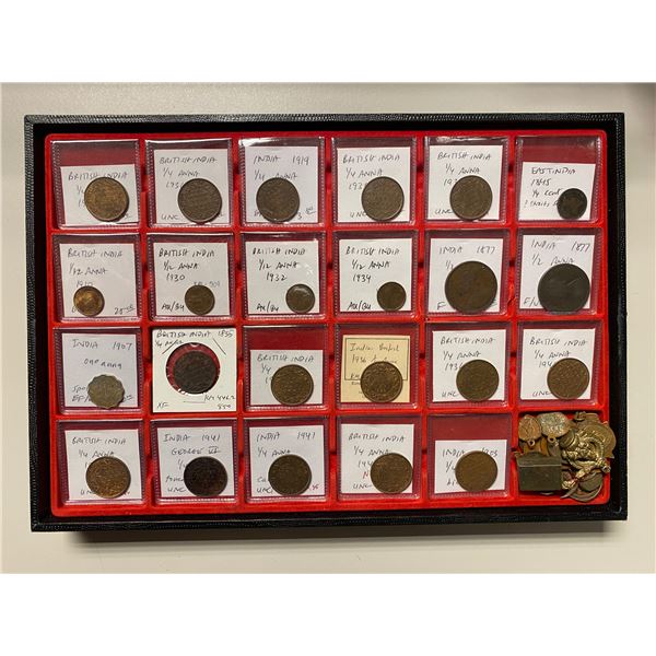 BRITISH INDIA: LOT of 22 copper coins and 15 late religeous tokens