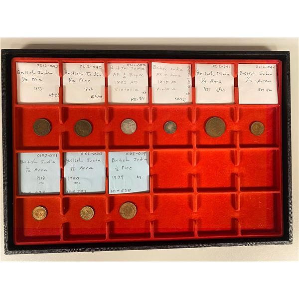 BRITISH INDIA: LOT of 2 silver & 7 copper coins