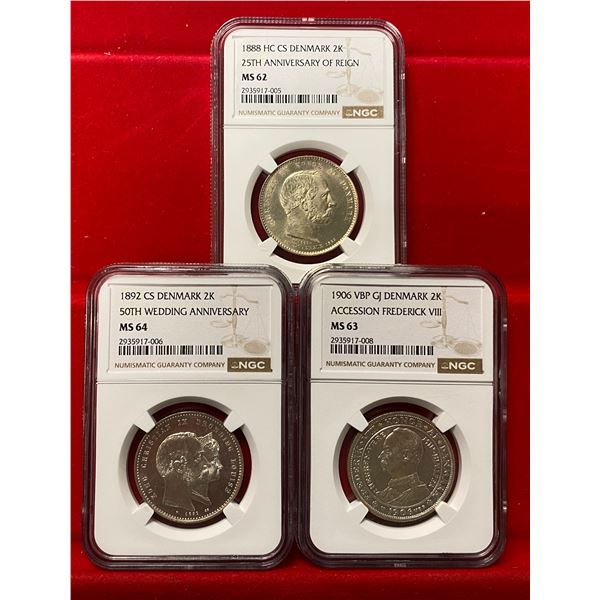 DENMARK: LOT of 3 NGC graded AR 2 kroner