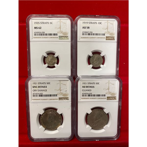 STRAITS SETTLEMENTS: LOT of 4 NGC graded AR coins