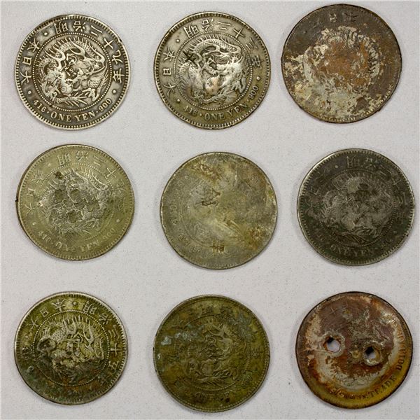 CHINA: CHOPMARKED COINS: JAPAN, LOT of 9 silver crowns