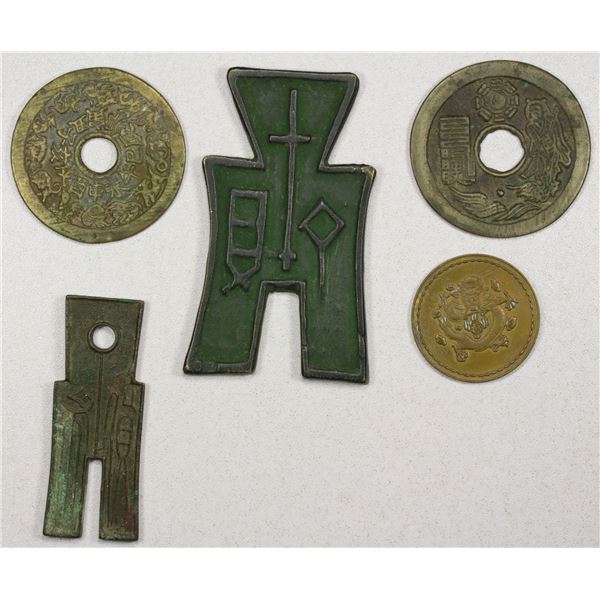 CHINA: LOT of 5 coins, tokens, and charms
