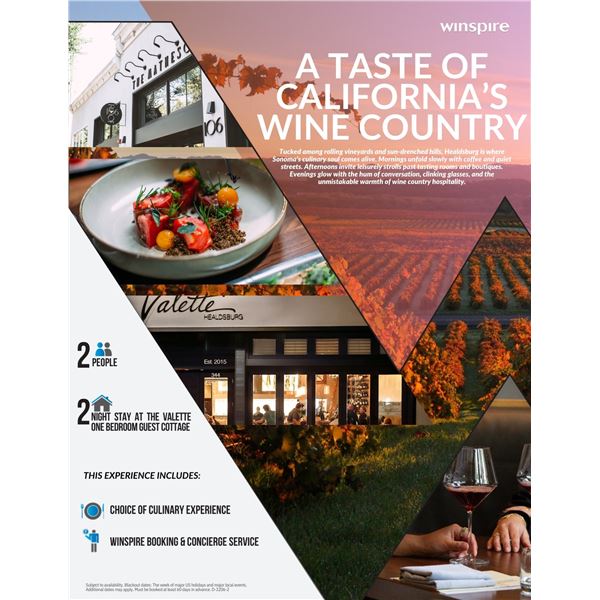 CALIFORNIA WINE COUNTRY SIGNATURE CULINARY EXPERIENCE 2 NIGHTS FOR 2