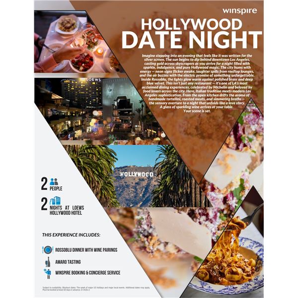 HOLLYWOOD CALIFORNIA DATE STAY 2 NIGHTS 2 PEOPLE DELUXE DINING