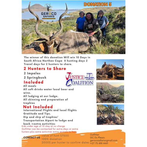 Geroco Safaris South Africa Hunt for 2 hunters, Includes 2 Springbuck 2 Impala,10 days 8 hunt days