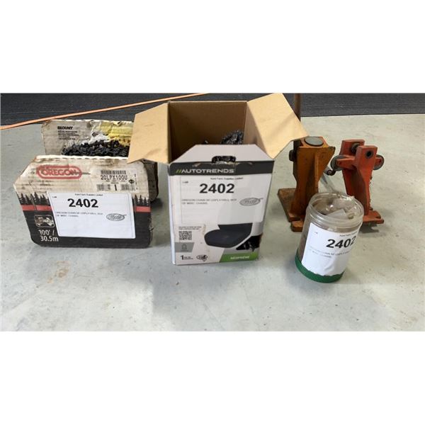 OREGON CHAIN 50' (20PLX100U), BOX OF MISC. CHAINS, JAR OF CHAIN LINKS, 2 CHAIN REPAIR TOOLS IN OFFIC