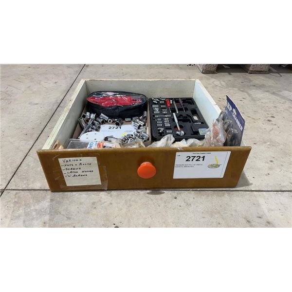 TREASURE BOX FULL OF USEFUL SOCKETS, WRENCHES, HOOKS, CHAINSAW REPAIR KITS, MOTO MASTER CABLES, ETC.