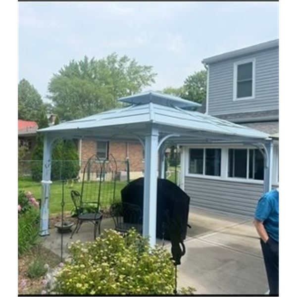 STEEL GAZEBO 11' X 13' HARDWARE INCLUDED IN WONDERFUL SHAPE, NEEDS A NEW HOME (HARDWARE IN OFFICE) (