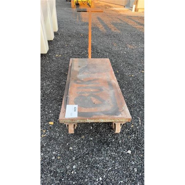 ANTIQUE HEAVY DUTY STEEL CART 2' X 4' SOLID TOP ON 5" STEEL WHEELS GREAT COFFEE TABLE OR STAND FOR T