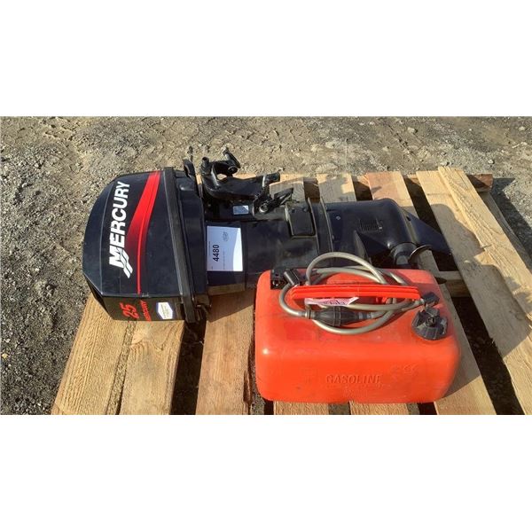 2001 MERCURY 25 HP MOTOR W/ 5 GALLON FUEL TANK, STANDBY UNIT FOR FIRE DEPT. AS NEW SN 0T187064