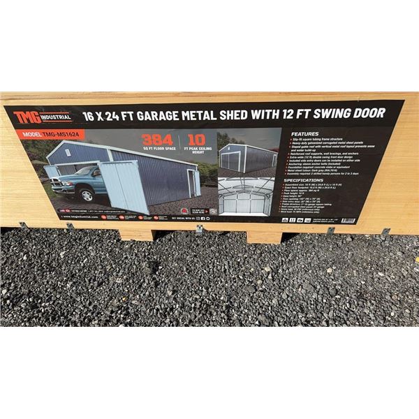 2025 TMG INDUSTRIAL TMG-MS1624 GARAGE METAL SHED 16' X 24'  WITH 12' SWING DOORS SN TMG-2505105