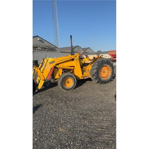 MASSEY FERGUSON 30E 2 WHEEL DRIVE TRACTOR THIS TRACTOR ONLY W/ JD640 LOADER PLATE, COUNTER WEIGHTS, 