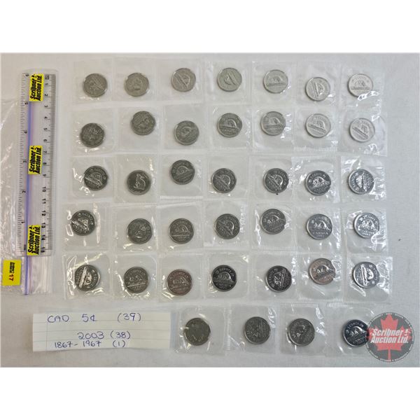 RCM Canada Unc Five Cent (39 Coins) : 2003 (38) & 1867-1967 (1) (Proof-Like) Sealed in original cell