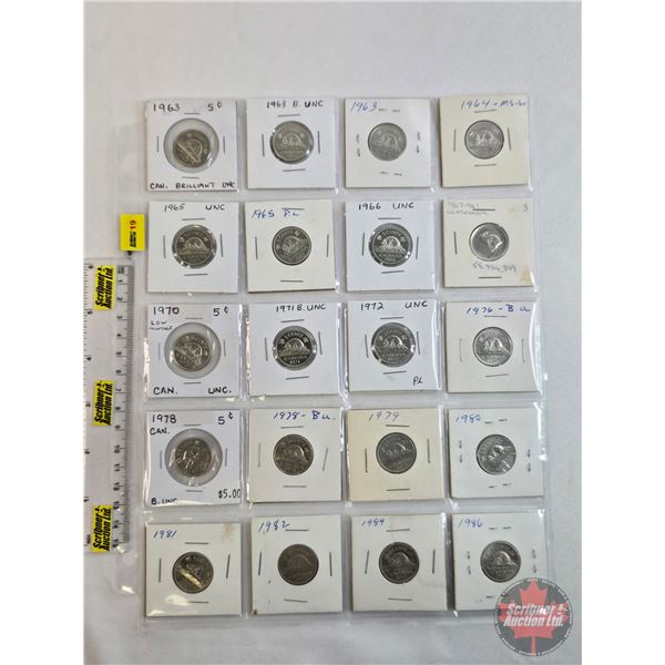 Canada Five Cent (20): 1963; 1963; 1963; 1964; 1965; 1965; 1966; 1867-1967; 1970; 1971; 1972; 1976; 
