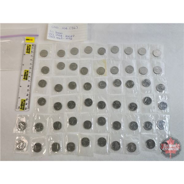 RCM Canada Unc Ten Cent (50 Coins) :  - (50) 1867-1992 - (1) 2000 - (5) 1952-2002P (Proof-Like) Seal