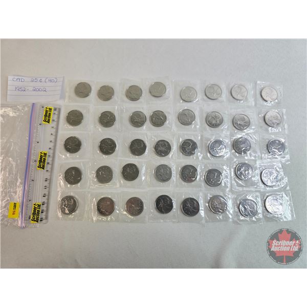 RCM Canada Unc Twenty Five Cent (40 Coins) : 1952-2002 (Proof-Like) Sealed in original cellophane