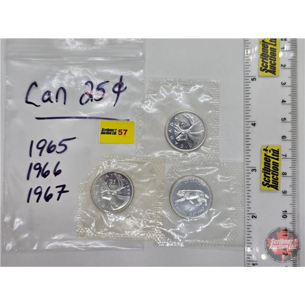 RCM Canada Unc Twenty Five Cent (3 Coins) : 1965; 1966; 1867-1967 (Proof-Like) Sealed in original ce