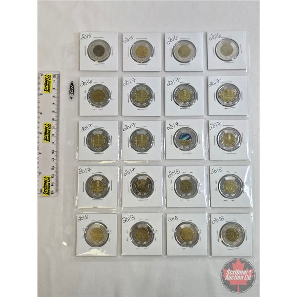 Canada Toonies (20) : 2015 - 2018 (Intermittent ~ See Types / Styles / Dates / Varieties in Photos)