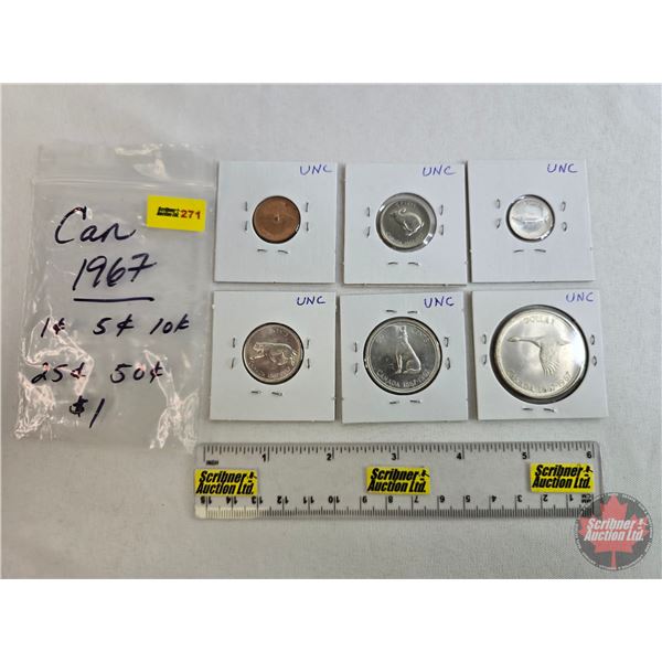 Canada Coins 1867-1967 Centennial (6) : One Cent; Five Cent; Ten Cent; Twenty Five Cent; Fifty Cent;