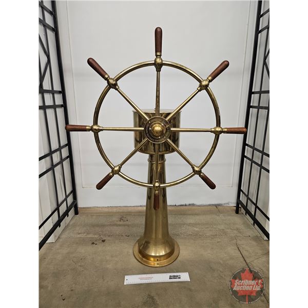 John Hastie & Co. Brass & Wood Ship Wheel with Stand (44 H x Wheel 30  Dia x 12 D approx)