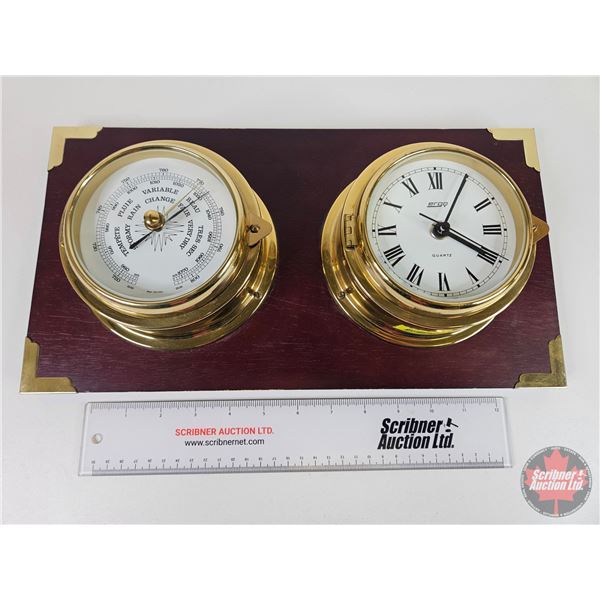 Brass Clock & Barometer mounted on Wood Plaque (Measures: 8-1/4 H x 15-1/2 W x 3-1/2 D)