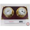 Image 1 : Brass Clock & Barometer mounted on Wood Plaque (Measures: 8-1/4"H x 15-1/2"W x 3-1/2"D)