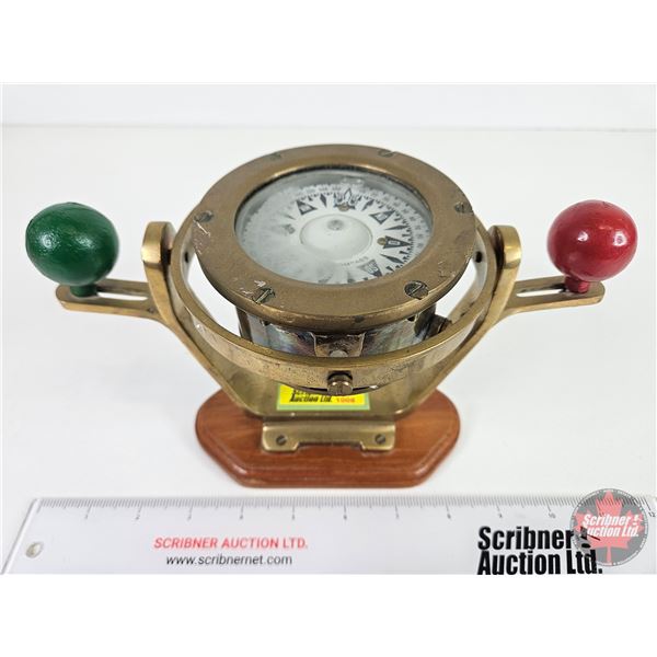 Brass Ships Gimbal Nautical Compass on Wood Base (6 H x 9-1/2 W x 5 D)
