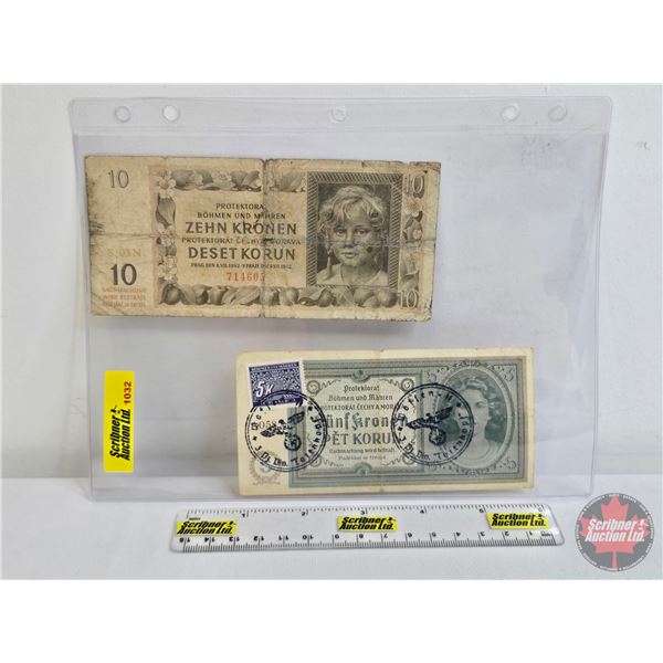 Europe Wartime Currency (2) : - Bohemia and Moravia 10 Korun 1942 - Bohemia and Moravia 5 Korun 1940