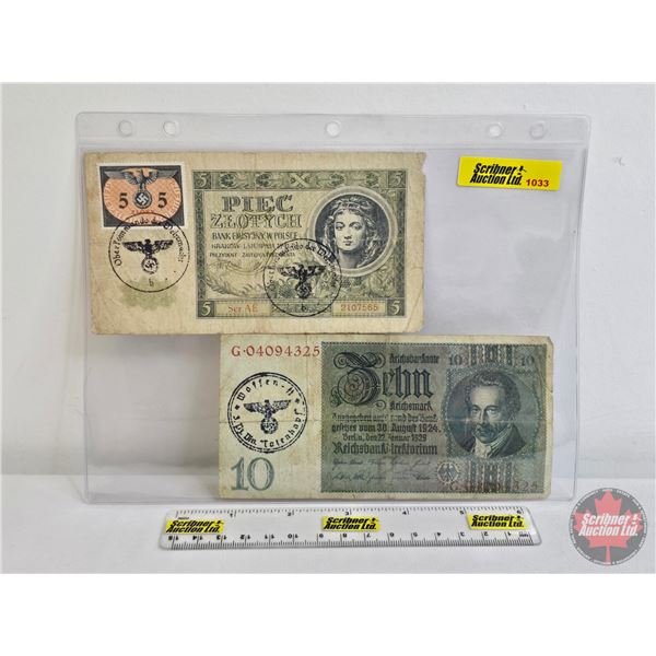 Europe Wartime Currency (2) : Both with Third Reich Stamp - Poland 5 Zlotys 1941 : German Occupation