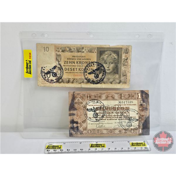 Europe Wartime Currency (2) : Both with Third Reich Stamp - Bohemia and Moravia 10 Korun 1942 - Neth