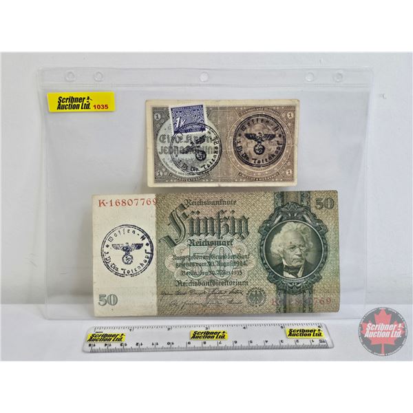 Europe Wartime Currency (2) : Both with Third Reich Stamp - Bohemia and Moravia 1 Koruna 1940 - Germ