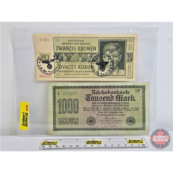 Europe Wartime Currency (2) : - Bohemia and Moravia 20 Korun 1944 (Third Reich Stamp) - Germany 1000