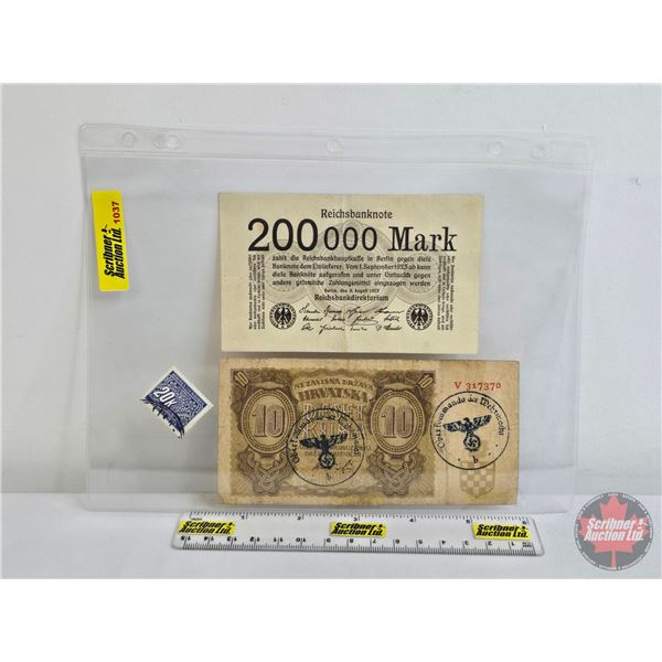 Europe Wartime Currency (2) & Postage Stamp : - Croatia 10 Kuna 1941 (Third Reich Stamp) with Bohemi