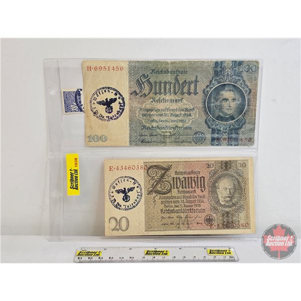 Europe Wartime Currency (2) & Postage Stamp : - Germany 20 Marks 1929 Reichsbanknote (Third Reich St