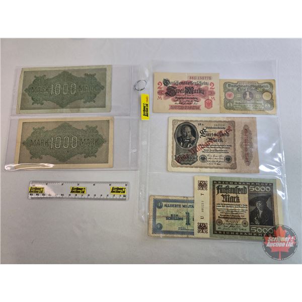 Foreign Currency Collector Combo (7): - German 2 Mark 1914 - Austria 1 Shchilling Allied Military 19