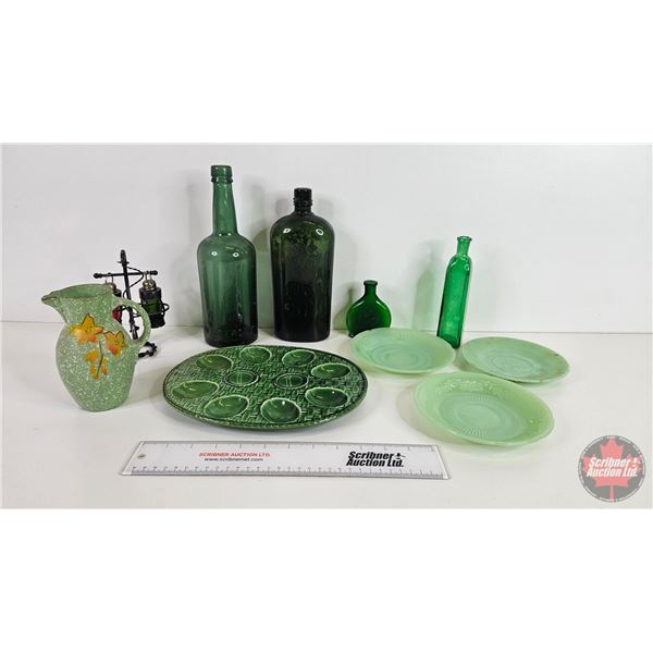 Collector Combo ~ Vintage : Green Glass Collection (10 pcs) : Pitcher; Bottles; Egg Plate; Saucers; 