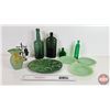 Image 1 : Collector Combo ~ Vintage : Green Glass Collection (10 pcs) : Pitcher; Bottles; Egg Plate; Saucers; 