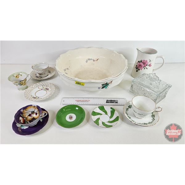Collector Combo : Ceramic Basin; Pitcher; Tea Cups & Saucers; Cut Glass Trinket Box (Basin 16"Dia)