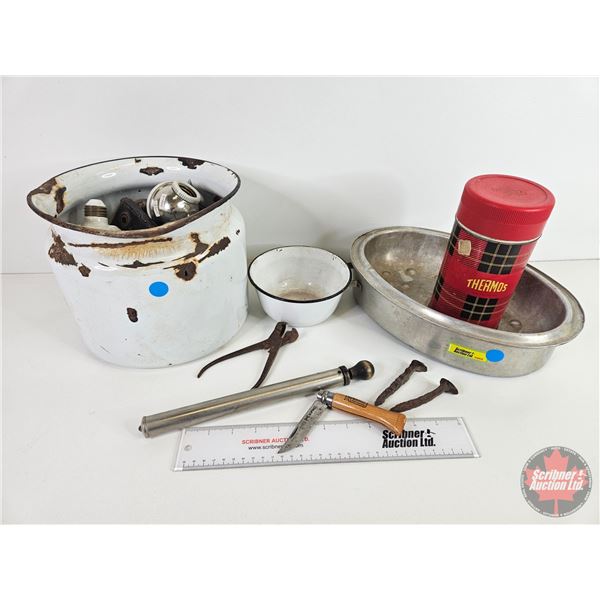 Collector Combo : Enamelware; Thermos; Light Sockets; Lead Ball Mould; Roaster Pan; etc