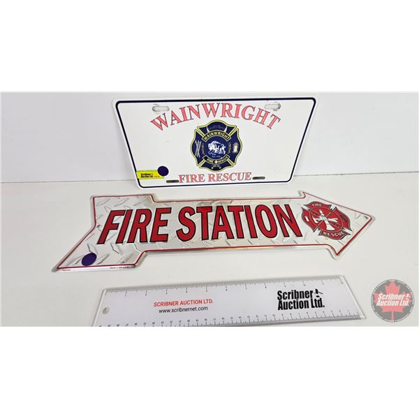 Collector Combo (2): - Wainwright Fire Rescue Lic Plate - Single Side Tin FIRE STATION Arrow (20"L)