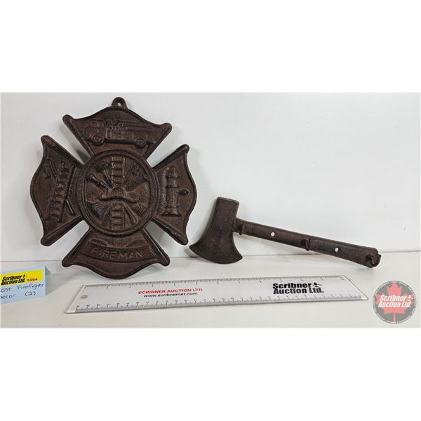 Cast Iron Fire House Home Décor (2): Maltese Cross Emblem Plaque & Axe Hook (Axe Measures: 10"L)