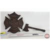 Image 1 : Cast Iron Fire House Home Décor (2): Maltese Cross Emblem Plaque & Axe Hook (Axe Measures: 10"L)