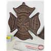 Image 2 : Cast Iron Fire House Home Décor (2): Maltese Cross Emblem Plaque & Axe Hook (Axe Measures: 10"L)