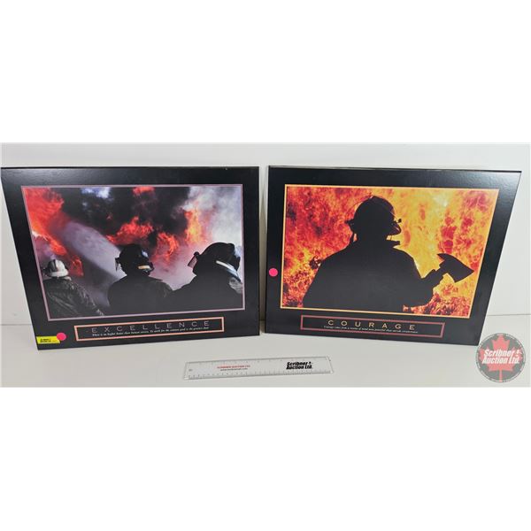 Fireman Theme Wall Hangings (2) (Hardboard) - EXCELLENCE - COURAGE (Both Measure : 16" x 20")