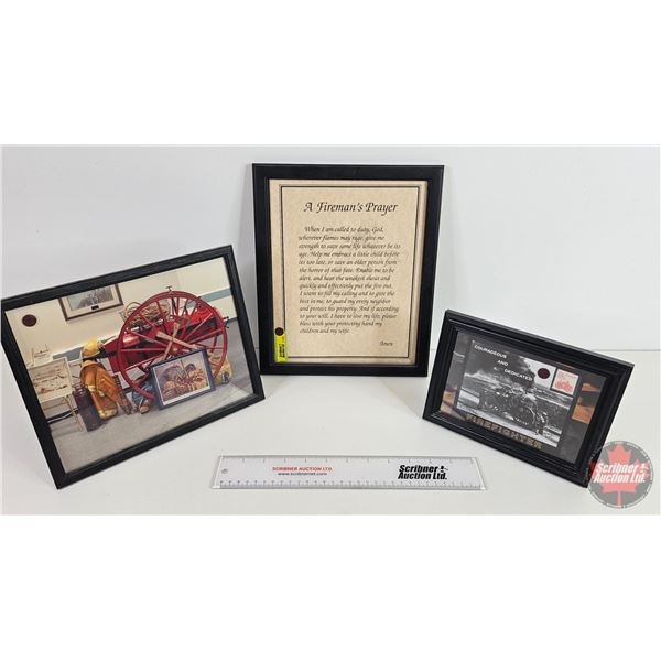 Fireman Theme Wall Décor (3) - Framed Photo : Antique Fire Cart - Framed Fireman's Prayer (12" x 10"