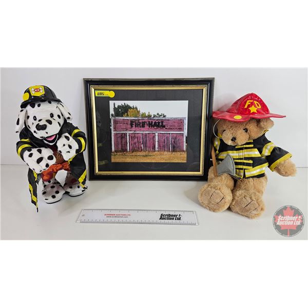 Fireman's Collector Combo (3):  - Framed Fire Hall Picture (13-1/2'H x 16-1/2"W) - Plush Toys (2)