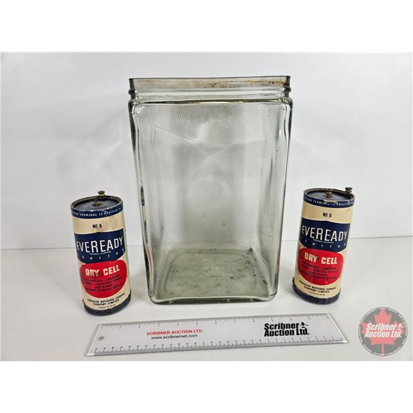 Collector Combo (3):  - Antique Glass Battery (No Lid) (12"H x 8"W x 8"D) - (2) Eveready Dry Cell Ba