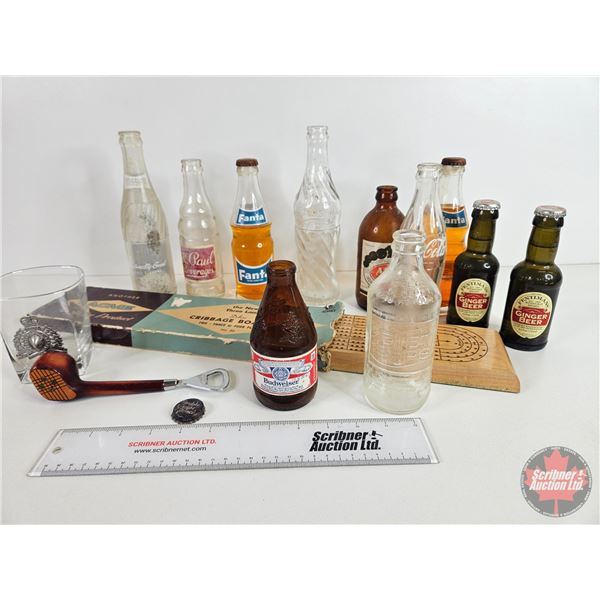 Collector Combo: Crib Board; Vintage Bottles; RCMP Drink Glass; Golf Club Bottle Opener; Bottle Cap