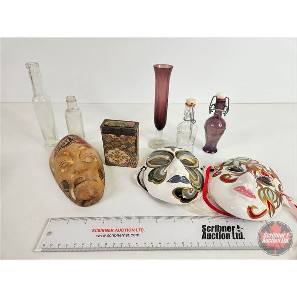 Collector Combo: Ceramic Décor Masks (2): Bud Vase; Vintage Cig Case; Wooden Décor Mask; etc