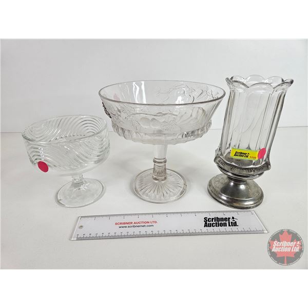 Glassware Combo (3): Pedestal Fruit Bowls & Pedestal Silver Plated Base Vase (9"H)